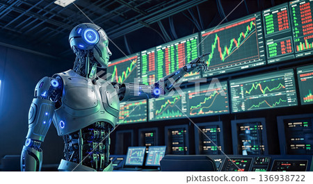 Futuristic humanoid robot trader analyzing stock market financial data on multiple monitoring screens artificial intelligence finance concept Futuristic humanoid robot trader analyzing stock market financial data on multiple monitoring screens artificial intelligence finance concept 136938722