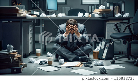 Desperate businessman sitting on floor grabbing head in messy office concept bankruptcy financial crisis debt failure burnout stress loss mental health 136938725
