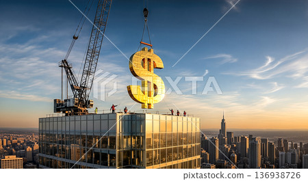 Construction crane lifting huge gold dollar sign on skyscraper roof concept financial growth economic success real estate market profit investment wealth Construction crane lifting huge gold dollar sign on skyscraper roof concept financial growth economic success real estate market profit investment wealth 136938726