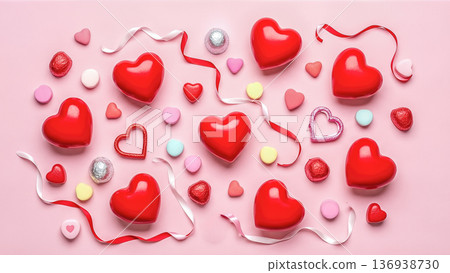 Valentine day background with red hearts and ribbon on pink surface romantic holiday decoration love concept Valentine day background with red hearts and ribbon on pink surface romantic holiday decoration love concept 136938730