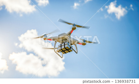 flying drone carrying gift box with red ribbon in blue sky surprise present delivery service holiday celebration valentine christmas technology air transport future flying drone carrying gift box with red ribbon in blue sky surprise present delivery service holiday celebration valentine christmas technology air transport future 136938731