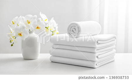 Stack of clean white towels and blooming orchid flowers in vase on table representing spa wellness and beauty salon therapy Stack of clean white towels and blooming orchid flowers in vase on table representing spa wellness and beauty salon therapy 136938733
