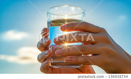 Hands holding glass of fresh clear water against blue sky with bright sun shining through transparency summer hydration 136938734