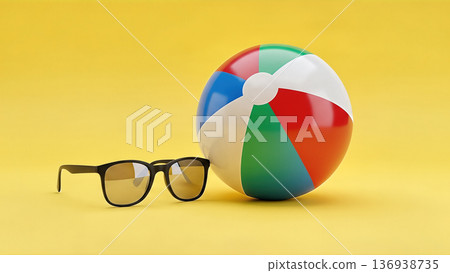Colorful beach ball and sunglasses on yellow background summer vacation concept travel and holiday accessories minimalism creative design leisure fun trip Colorful beach ball and sunglasses on yellow background summer vacation concept travel and holiday accessories minimalism creative design leisure fun trip 136938735