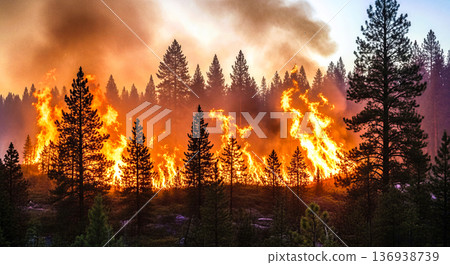 Dangerous wildfire consuming forest trees intense orange flame smoke sky global warming climate change disaster nature destruction emergency background concept 136938739