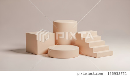 3D podium with beige geometric shapes including cube cylinder and stairs for minimalist product display on a neutral background for modern cosmetic mockups 136938751