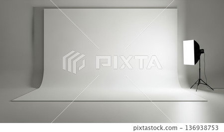 Empty photo studio with white cyclorama background and professional softbox light for photography or video shooting setup and product backdrop 136938753