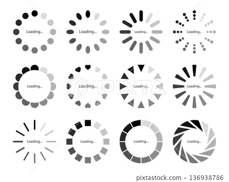 包含 12 種不同設計的單色漸層裝載標誌的向量插圖集 包含 12 種不同設計的單色漸層裝載標誌的向量插圖集 136938786