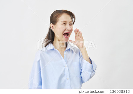 A woman calling out on a white background 136938813