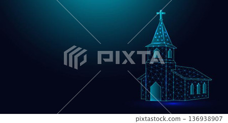 Low poly wireframe church building on dark blue background. Low poly wireframe church building on dark blue background. 136938907