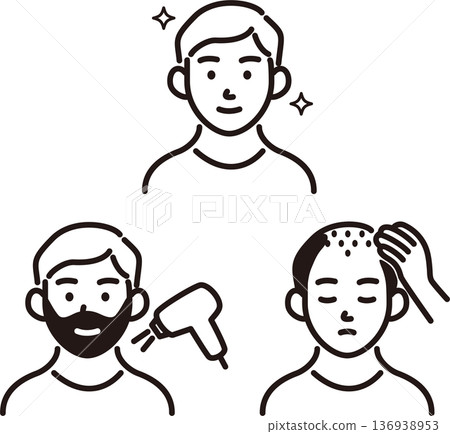 一套男士頭髮問題和美容護理的圖標集。包括鬍鬚去除、腿毛去除、頭髮稀疏和頭髮生長方法的插圖。 136938953