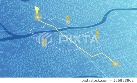 Isometric Gps map navigation to own house. City top view. View from above the map buildings. Detailed view of city. Decorative graphic tourist map. Abstract transportation background. Vector 136938962