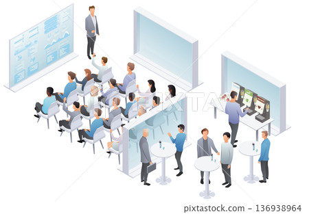 Isometric business seminar with presentation screen, audience asking questions, and coffee break networking area. Vector illustration. Isometric business seminar with presentation screen, audience asking questions, and coffee break networking area. Vector illustration. 136938964