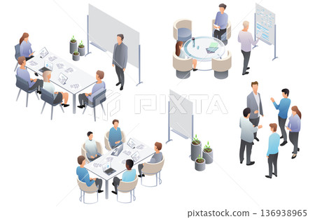 Isometric office meeting set featuring business presentations team collaboration and corporate networking groups. Vector illustration. 136938965