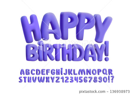 3D inflatable balloon font, plasticine rubber effect. Glossy purple candy bubble letter isolated. Chubby retro abc, festive Y2K aesthetic. Birthday party poster, playful design. Children title display 3D inflatable balloon font, plasticine rubber effect. Glossy purple candy bubble letter isolated. Chubby retro abc, festive Y2K aesthetic. Birthday party poster, playful design. Children title display 136938973