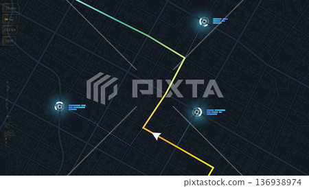 GPS map. City map with route marked. Abstract transportation. City top view. Hi-tech vector background. route distance data, path turns and destination tag GPS map. City map with route marked. Abstract transportation. City top view. Hi-tech vector background. route distance data, path turns and destination tag 136938974