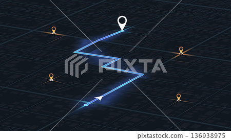 Isometric dark city grid map showing glowing blue zigzag route with white destination pin and surrounding orange location markers for gps tracking. Vector illustration. Isometric dark city grid map showing glowing blue zigzag route with white destination pin and surrounding orange location markers for gps tracking. Vector illustration. 136938975