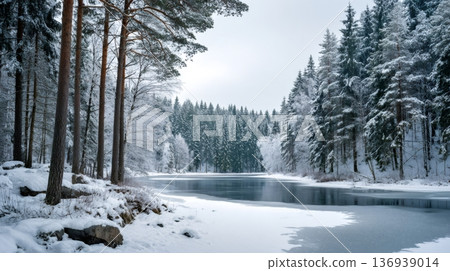 Winter forest landscape with frozen lake and snow 136939014