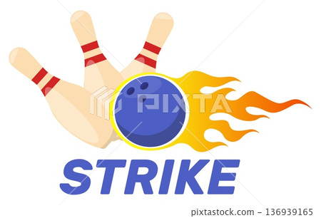 Burning bowling ball strikes pins during play. Game success. Winning fiery shot. Falling skittles. Fast speed rolling sphere with flames. Successful hit. Sport competition. Vector concept Burning bowling ball strikes pins during play. Game success. Winning fiery shot. Falling skittles. Fast speed rolling sphere with flames. Successful hit. Sport competition. Vector concept 136939165