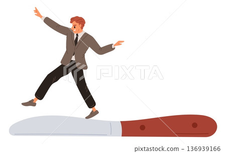 Businessman carefully walks on knife edge. Increased risks in business. Dangerous situation. Risky challenge. Man balancing on blade. Crisis management. Investor courage. Vector concept 136939166