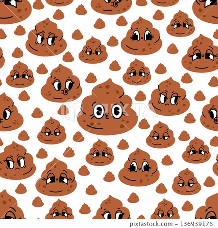 Cheerful cartoon poop with cute faces seamless pattern. Happy or angry excrement character. Twisted turd. Repeated print. Fecal emotion expression. Comic toilet mascot. Vector background Cheerful cartoon poop with cute faces seamless pattern. Happy or angry excrement character. Twisted turd. Repeated print. Fecal emotion expression. Comic toilet mascot. Vector background 136939176