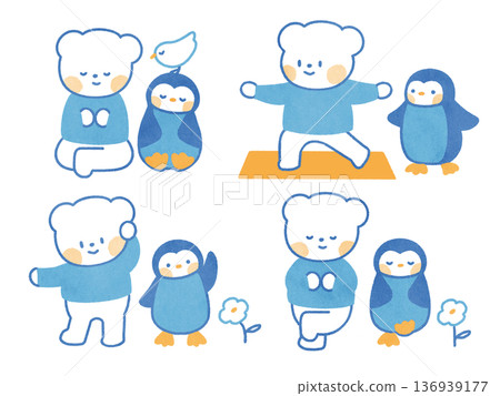 A cute polar bear and penguin parent-child set doing yoga and poses together A cute polar bear and penguin parent-child set doing yoga and poses together 136939177