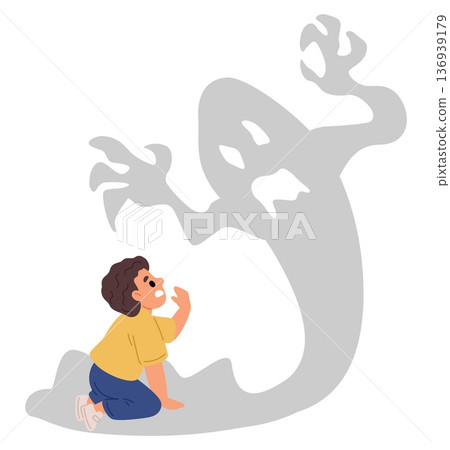 Childrens psychological fears and phobias. Small child is afraid of monster. Fearful boogeyman. Spooky beast shadow. Anxiety imagination. Phantom illusion. Panicked kid. Vector concept 136939179
