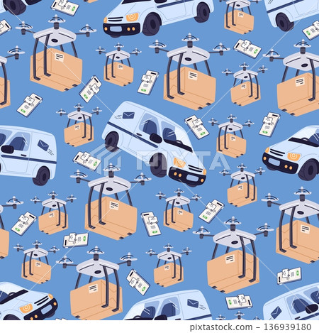 Delivery of cargo by car and drone seamless pattern. Shipping of cardboard boxes. Innovation courier. Repeated print. Express logistic technology. Postal automobile. Vector background 136939180