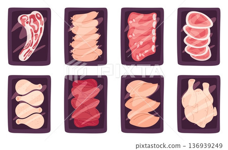 Frozen meat products in transparent plastic packaging. Pork tenderloin on tray top view. Uncooked chicken fillet. Beef sausages. Raw food for cooking. Vector butchery full packs set Frozen meat products in transparent plastic packaging. Pork tenderloin on tray top view. Uncooked chicken fillet. Beef sausages. Raw food for cooking. Vector butchery full packs set 136939249