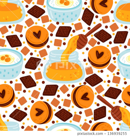 Glass jar with honey. Food cooking seamless pattern. Chocolate chips. Flour and egg in bowl. Sweet cookie recipe. Culinary preparation. Baking ingredients for cake. Vector background Glass jar with honey. Food cooking seamless pattern. Chocolate chips. Flour and egg in bowl. Sweet cookie recipe. Culinary preparation. Baking ingredients for cake. Vector background 136939255