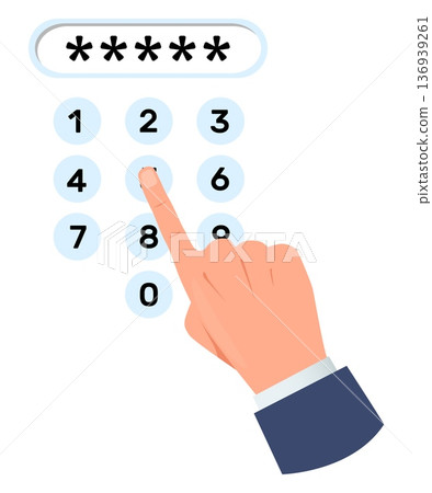 Hand types in secret digital PIN code from safe. Security technology. ATM keypad. Safety system. Finger pressing at buttons. Identification pincode input. Key password. Vector concept Hand types in secret digital PIN code from safe. Security technology. ATM keypad. Safety system. Finger pressing at buttons. Identification pincode input. Key password. Vector concept 136939261