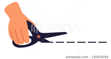 Hand with scissors and dotted line for cut. Snip place. Bulletin ticket cutline. Dashed separation. Cutout guide. Tailor dividing textile. Arm holding clippers. Sewing tool. Vector concept Hand with scissors and dotted line for cut. Snip place. Bulletin ticket cutline. Dashed separation. Cutout guide. Tailor dividing textile. Arm holding clippers. Sewing tool. Vector concept 136939268