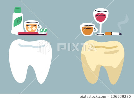 Healthy white tooth thanks to care and cleaning with toothpaste. Unhealthy yellow molar due coffee, alcohol and cigarettes. Teeth whitening. Dental hygiene. Bad habit. Vector concept Healthy white tooth thanks to care and cleaning with toothpaste. Unhealthy yellow molar due coffee, alcohol and cigarettes. Teeth whitening. Dental hygiene. Bad habit. Vector concept 136939280