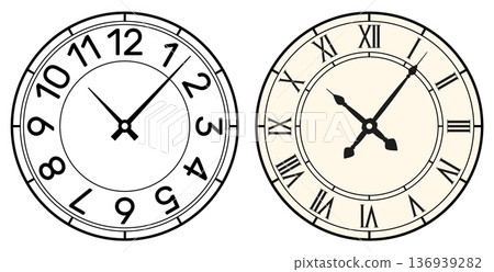 Modern and vintage watch dials with Roman and Arabic numerals and classic hands. Analog timepiece. Accuracy clockwork. Hours countdown. Mechanical chronometer. Vector set of round clocks Modern and vintage watch dials with Roman and Arabic numerals and classic hands. Analog timepiece. Accuracy clockwork. Hours countdown. Mechanical chronometer. Vector set of round clocks 136939282