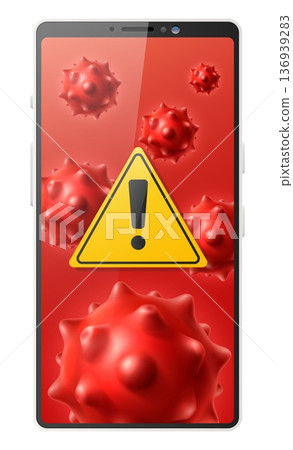 Realistic mobile phone with virus warning on screen. Smartphone malicious software. Device phishing and hacking. Attention sign. Dangerous germs. Gadget touchscreen. Vector isolated object Realistic mobile phone with virus warning on screen. Smartphone malicious software. Device phishing and hacking. Attention sign. Dangerous germs. Gadget touchscreen. Vector isolated object 136939283