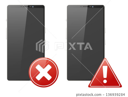 Realistic mobile phone with warning and error signs. Red attention symbol. Smartphone touchscreen. Hacking risks. Ban and rejection. Malicious software notification. Vector objects set Realistic mobile phone with warning and error signs. Red attention symbol. Smartphone touchscreen. Hacking risks. Ban and rejection. Malicious software notification. Vector objects set 136939284