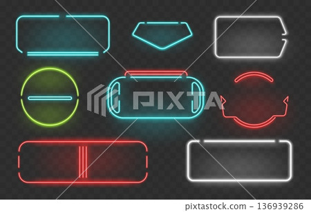 Realistic neon frames. Glowing banners or illuminated display cases for advertising designs on transparent background. Blank signboards with led line lights. Vector luminous billboards set 136939286
