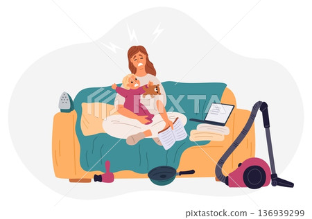 Tired woman sits on sofa with small child. Mother stress. Sleepy mom with baby. Parents frustration and fatigue. Overwhelmed person caring of kid. Vector concept of parental burnout 136939299