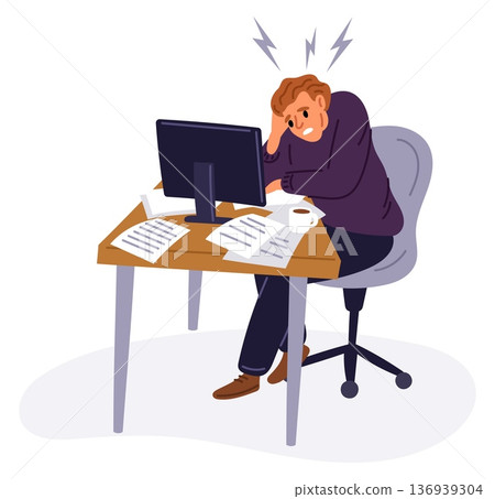 Tired young man sits at desk with papers scattered around. Showing signs of emotional exhaustion and burnout at work. Overworked employee. Anxiety worker. Deadline pressure. Vector concept Tired young man sits at desk with papers scattered around. Showing signs of emotional exhaustion and burnout at work. Overworked employee. Anxiety worker. Deadline pressure. Vector concept 136939304