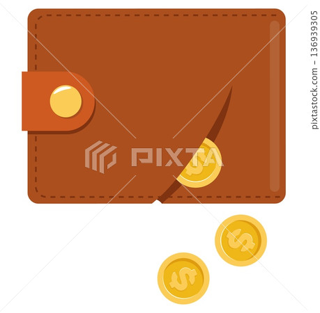 Torn leather wallet from which gold coins fall out. Losing money. Breach in finances. Economy crisis and inflation. Currency lost. Investment failure. Financial scam. Vector concept 136939305