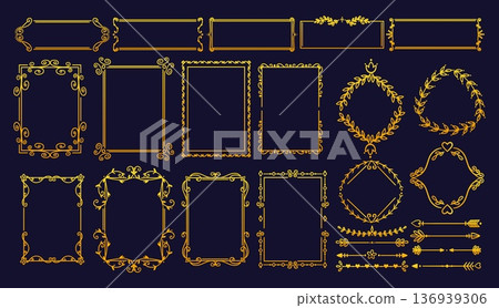 Vintage gold frames. Square and round borders. Flourish divider. Botanical motif. Floral embellish. Framework with ornament. Vector set of design elements for invitation cards or books Vintage gold frames. Square and round borders. Flourish divider. Botanical motif. Floral embellish. Framework with ornament. Vector set of design elements for invitation cards or books 136939306