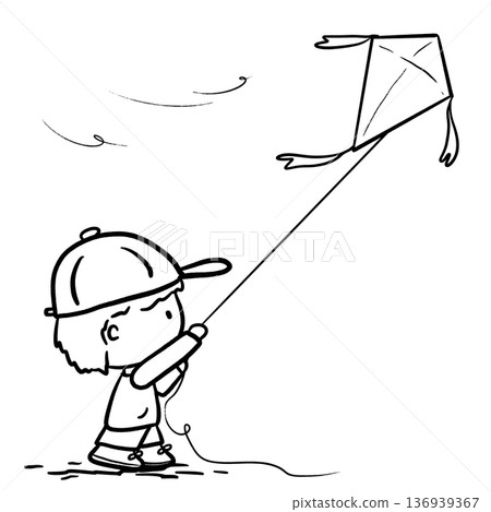 Isolated child flying a kite side view cartoon outline illustration 136939367