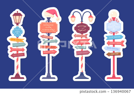 Cartoon Color Different Christmas Road Signs Sticker with Arrows and Street Lamp Set Xmas or New Year Decoration Concept Flat Design Style. Vector illustration 136940067