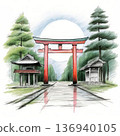 an AI Image Generator, Red Torii Gate Stands Peacefully Amid Serene Landscape 136940105