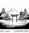 an AI Image Generator, Dramatic Black And White Torii Gate Mountain Illustration 136940108