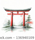 an AI Image Generator, Red Torii Gate Stands Peacefully Amid Serene Landscape 136940109