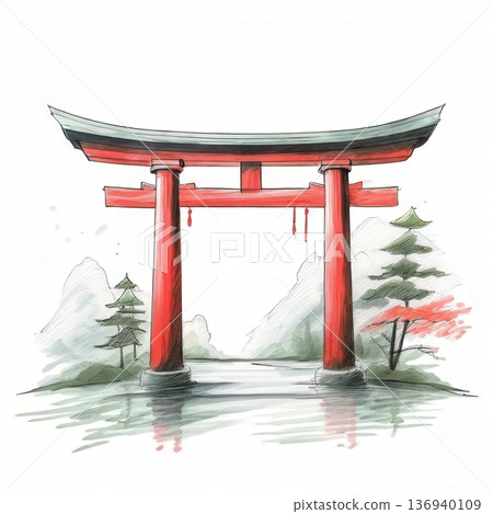 an AI Image Generator, Red Torii Gate Stands Peacefully Amid Serene Landscape 136940109