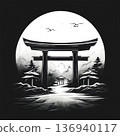 an AI Image Generator, Dramatic Black And White Torii Gate Mountain Illustration 136940117