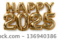 Golden balloons wishing happy 2025 on white background 136940386