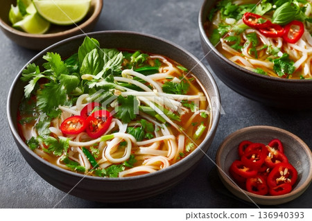 Two bowls of delicious pho soup garnished with fresh herbs and chili peppers 136940393